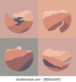 Vector illustration landscape mountain, river view. Hills and clouds, sun or moon. Paper cut style. Nature backgrounds