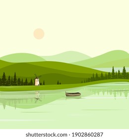 Vector illustration of a landscape with mountains, a boat on the lake and a mill on the shore