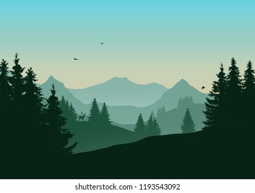 Vector illustration of landscape with mountains and coniferous forest, deer and flying birds under green morning or evening sky