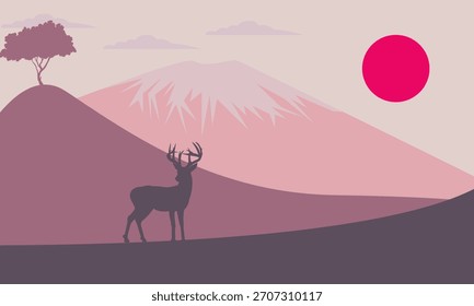 Vector illustration of a landscape with mountains, deer, tree and a sun. The image captures the beauty of a landscape.