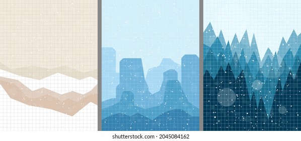 Vector illustration landscape. Mountains, forest. Grid pattern. Winter cold snowy season background. Polygonal style. Design for postcard, poster, copybook cover, web template, brochure, flyer, layout