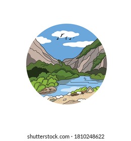 Vector illustration landscape with mountains, green grass, river and sandy shore. Colored illustration in a circle. Travel and nature. Birds fly in the blue sky