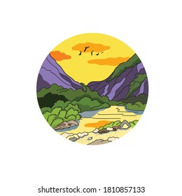 Vector illustration landscape with mountains, green grass, river and sandy shore. Colored illustration in a circle. Travel and nature. Birds fly in the yellow sky
