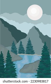 Dibujo vectorial del paisaje con montañas, pinos y lagos. 	