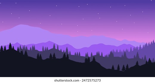 vector illustration landscape mountains with purple sky in the background.with tree silhouette