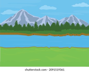 Ilustración vectorial del paisaje con montañas y ríos. Hermosa vista de montañas en estilo de caricatura, buen fondo