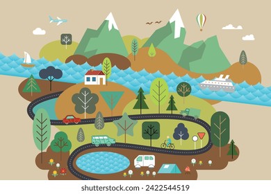 Vector illustration of a landscape with mountains, river, lake, houses, roads, cars, camping tent, geometric trees, flowers, airplanes, steamships, balloon. Front view.