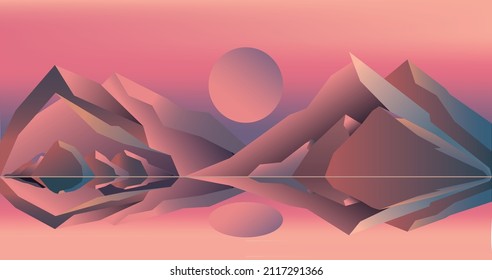 Vector illustration. Landscape, mountains and sea, sunset and sunrise in pink purple colors. Design for cartoons, posters, book covers.