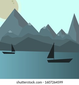 Vector Illustration of a Landscape with Mountains, Sun and Yachts