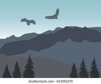 vector illustration of landscape with mountains and wild animals