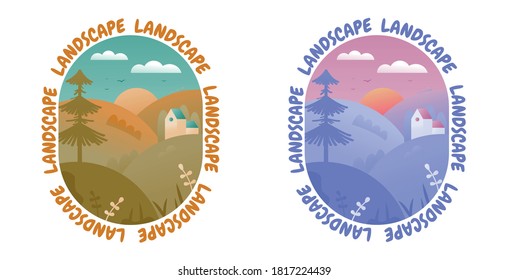 Vector illustration of landscape natural background and village. Сolorful sunset and sunrise. Spring, summer, autumn. Nature, mountains, trees, plants, birds, clouds and sun.
