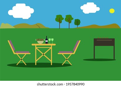 Vector illustration of landscape natural background. A picnic outside the city.