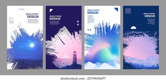 Vector illustration. Landscape nature scene of night desert, lighthouse by sea, aurora borealis, mountain road. Brush stroke overlay background. Design template for coupon, voucher, gift card, leaflet