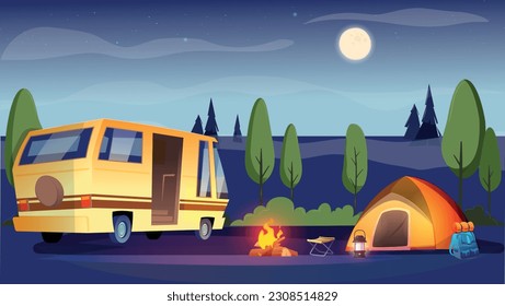 Ilustración vectorial, acampamiento nocturno paisajístico