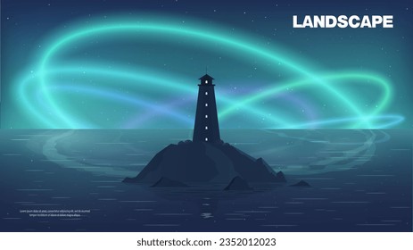 Vector illustration.  Vector landscape.  Night in the northern ocean.  Northern lights in the dark.  A lighthouse on the island indicates the way for ships.  Minimalism.