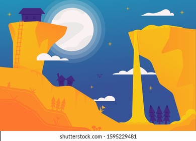 Vector illustration of landscape night on mountain. Concept of discovery, exploration, camping, adventure tourism and travel. Flat vector illustration.