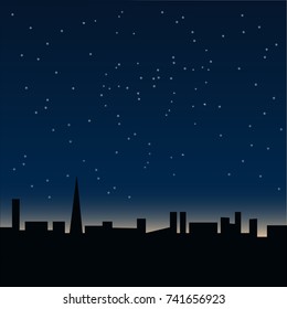 Vector illustration of landscape night sky in the city with stars. Best background for romantic lettering, banner/card/postcard template. – stock vector