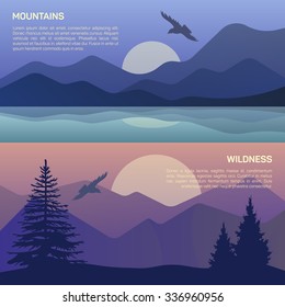 Vector illustration of landscape in north areas, evening dusk with pine trees on the rocks.  Scenic view of meadow with nature pine, firtree, coniferous trees, sky, mountains and sun.