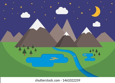 Vector illustration of a landscape on a starry night, with mountains, trees, lakes and a river