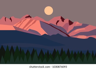Vector illustration, landscape on the sunset, forest on mountains background