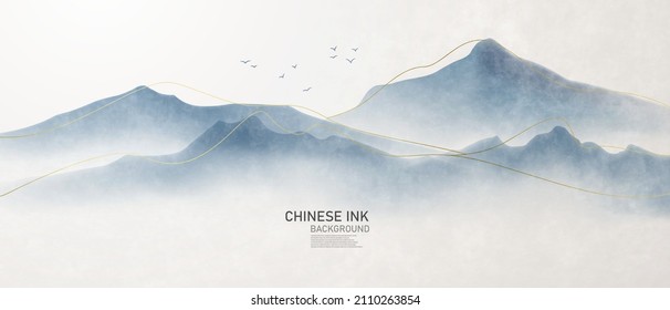 Vector Illustration Of A Landscape Painting In Chinese Ink On Antique Paper With A Beautiful Design.