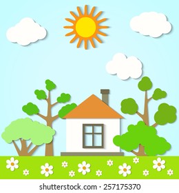 Vector illustration of a landscape with paper clouds and trees