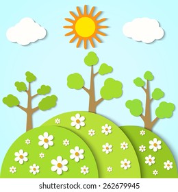 Vector illustration of a landscape with paper clouds and trees