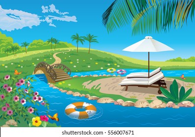 Vector illustration of a landscape with a Park, a lazy river and a sun lounger