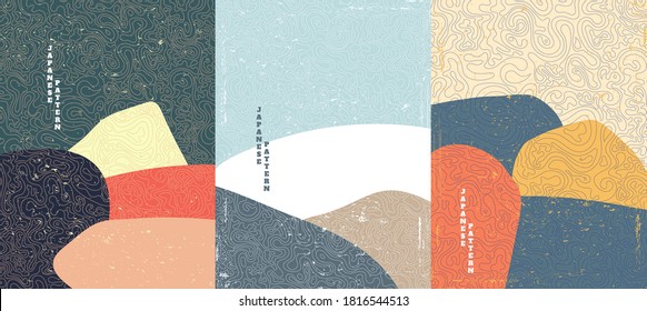 Vector illustration landscape. Pile of stones. Gradient color. Line wave pattern. Mountain background. Asian style. Design for poster, book cover, web template, brochure. Grunge vintage style. 