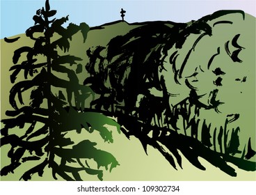 Vector illustration of landscape with pine tree.