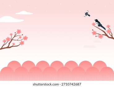 Ilustración vectorial de un paisaje con flores rosadas y urracas.