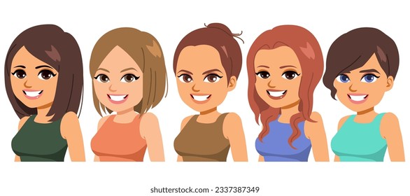 Vector illustration landscape of portrait women with different hairstyles isolated. Female small group of people with summer casual clothing