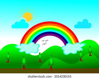 vector illustration of landscape with rainbow