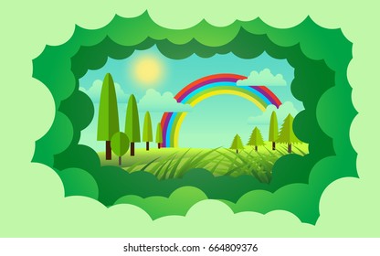 vector illustration landscape and rainbow