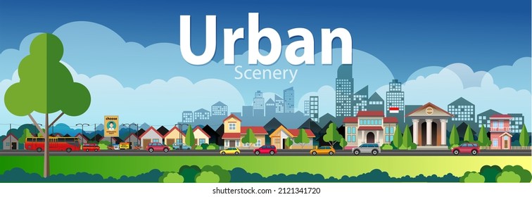 Vector illustration, landscape of a rapidly growing urban area around a big city.