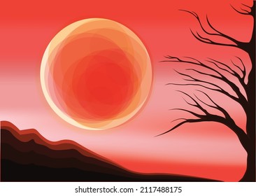 Vector illustration, Landscape, red fiery sun, mars. Design for book cover, poster, wallpaper, cartoon.