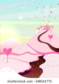 Vector illustration. Landscape with a river of chocolate and sugar mountains. Pink field. Landscape for browser Igor Valentine's Day.