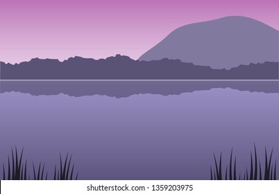 Vector illustration, landscape. River, mountain, trees, grass on the sunset.