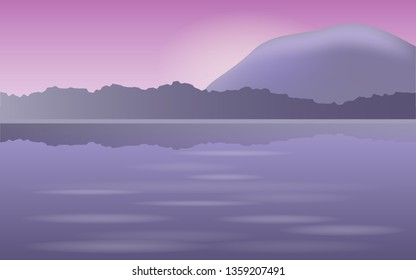 Vector illustration, landscape. River, mountain, trees on the sunset.