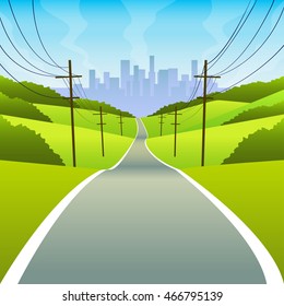 vector illustration of a landscape with a road to the city