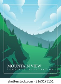 Vector illustration of a landscape of a rocky mountain range. Meadows between high hills. Modern template design with text and background.