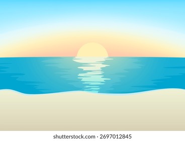 Vector illustration of a landscape of the sandy beach, the sunrise over the blue sea, and the sun reflected in the sea. A4 landscape.