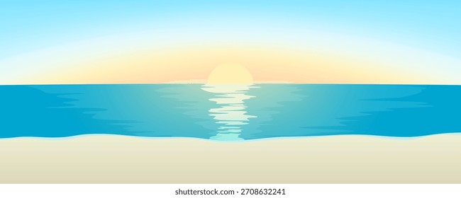 Ilustración vectorial de un paisaje de la playa de arena, el amanecer sobre el mar azul, y el sol reflejado en el mar. Diseño de Anuncio o cabecera.
