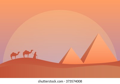 Vector illustration of landscape in savanna, Camel caravan at pyramids in sunset.  Scenic view of desert with nature trees, sky, mountains and wild nature. 
