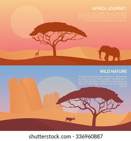 Vector illustration of landscape in savanna, morning sunrise with elephant, giraffe, gemsbok (gemsbuck).  Scenic view of meadow with nature trees, sky, mountains and wild nature