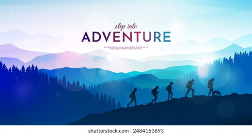 Vector illustration. Landscape scene with group of hikers and a dog. Travel concept of discovering, exploring and observing nature. Travelers climb with backpack and travel walking sticks. Hiking trip