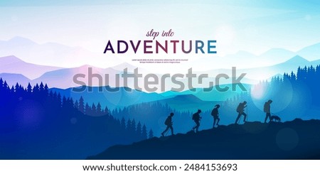 Vector illustration. Landscape scene with group of hikers and a dog. Travel concept of discovering, exploring and observing nature. Travelers climb with backpack and travel walking sticks. Hiking trip
