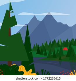 Vector illustration of landscape scenery with green trees, plants with red and yellow, a river or lake and a campsite with a tent. Tall mountains stand in the background touching the clouds and sky,