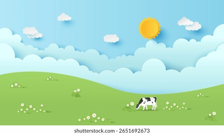 Vector illustration of landscape scenery with green hills and cloud sky on a sunny day. Green landscape with blue sky. Paper cut and craft style illustration