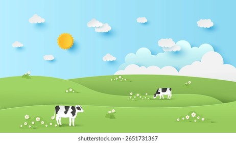 Vectorillustratie van het landschap met groene heuvels en wolkenhemel op een zonnige dag. Groen landschap met blauwe lucht. Papier gesneden en ambachtelijke stijl illustratie